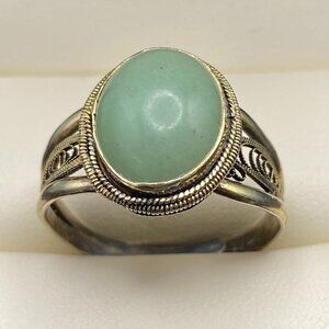 Classic Antique Sterling Silver Adjustable 6 ct Jade Ring, Filigree - 3.99 Grams